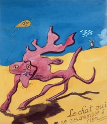 Katten som inte liknar något på jorden, illustration till Robert Desnos handskrivna diktsamling "La Menagerie de Tristan", 1932